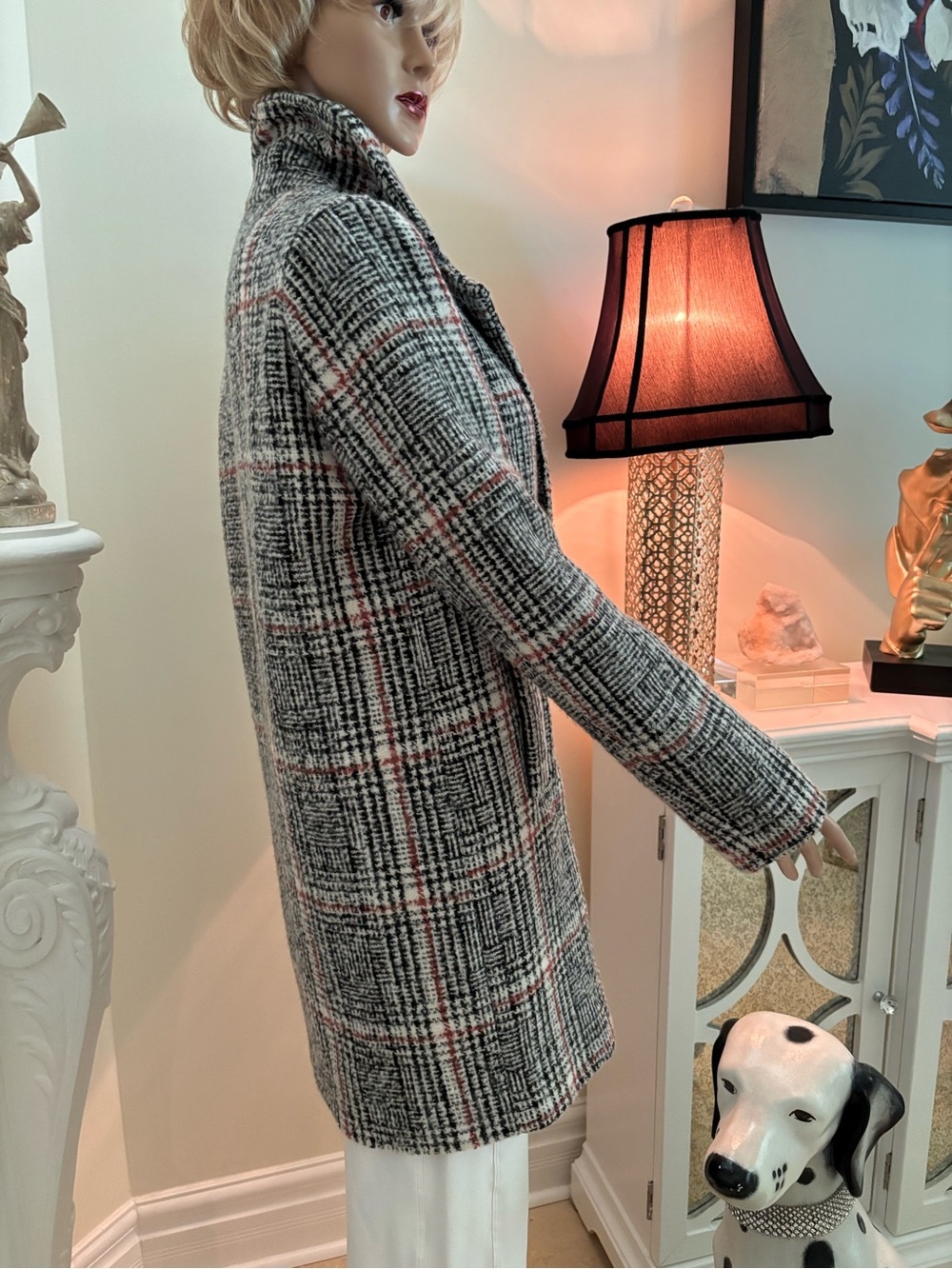 Pink Martini Gray Plaid Double-Breasted Pea Coat with Pink Accents - Picture 7 of 16